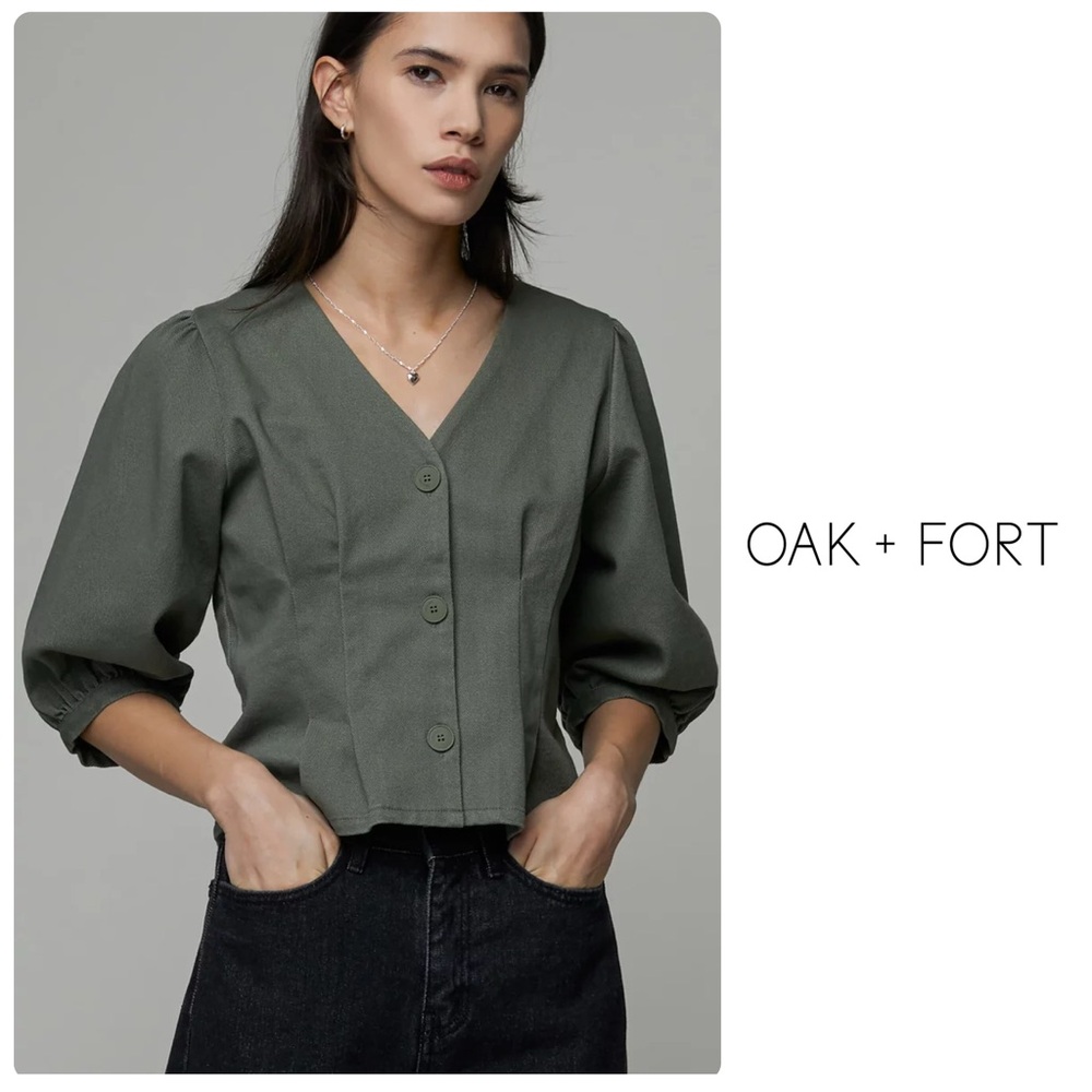 OAK + FORT Puff/Quarter Length Sleeve Button-Up Cotton Blouse in Olive Green